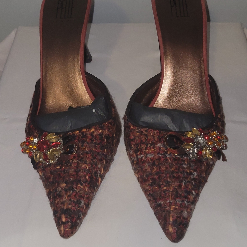 Elle Brown Tweed Mules with Floral Accent
